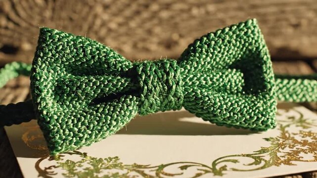 A closeup of a green textured bow tie resting on a card with decorative gold accents set against a rustic wooden backdrop