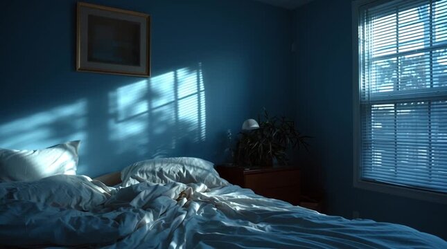 Bedroom lit by early morning blue light, empty bed with sheets still warm-looking and slightly indented. Quiet, intimate interior scene capturing absence, memory, and subtle human presence.
