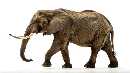 Fototapeta premium Majestic African Elephant Striding Gracefully on White Background