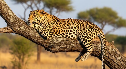 Obraz premium Leopard Relaxing on Tree Branch in Savanna.