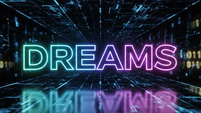 Futuristic digital tunnel with "DREAMS" in neon, surrounded by binary code and circuit board patterns