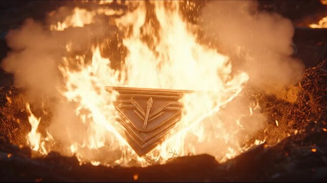 Glowing triangle-shaped object surrounded by intense flames, sparks, and smoke. Dramatic, fiery scene
