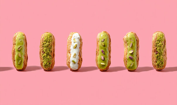 Six assorted eclairs with various toppings arranged on a pink background in a row