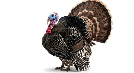 A Majestic Wild Turkey Displays Its Elaborate Plumage and Distinctive Features on a Clean White Background