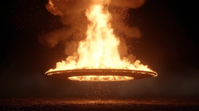 A fiery halo encircles a disc-shaped structure amid a dark expanse, emanating intense heat and smoke