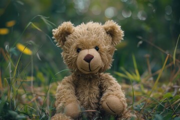 Obraz premium Brown teddy bear sitting in grass with blurred green background, enjoying a peaceful moment in nature