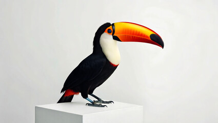 Obraz premium A Toucan Standing on a White Cube Against a White Background