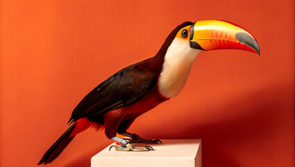 Obraz premium Vibrant Toucan Perched Against a Warm Orange Background