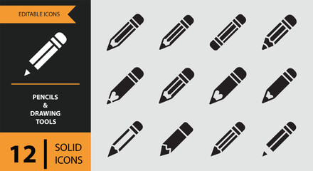 Collection of 12 solid pencil and drawing tool icons for creative design projects