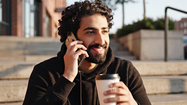 A man with curly hair, in a black hoodie, drinks coffee while talking on the phone outside