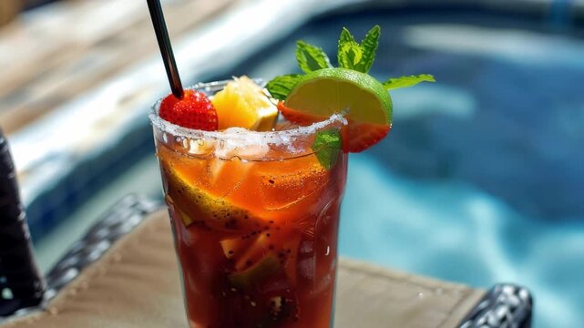Refreshing poolside cocktails with citrus garnish and mint leaves in summer sunlight