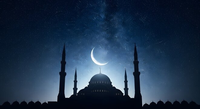 Ramadan night sky crescent moon above mosque silhouette islamic holy month of fasting and reflection