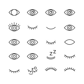Sleeping and blinking outline eye pictogram icon set with eyelash line vector design