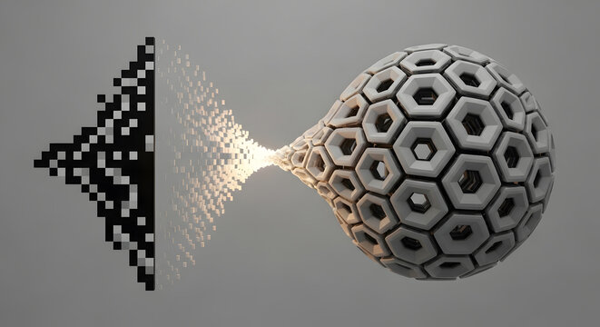 A visual representation of digital transformation, showing a simple pixelated shape evolving into a complex 3D sphere. This concept illustrates modernization, progress, innovation, and business evolut