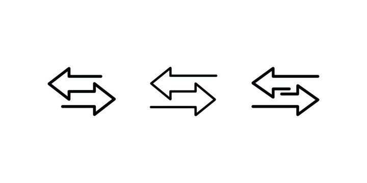 Set of three black line icons depicting the concept of data transfer financial transaction or content exchange using two overlapping arrows pointing in opposite directions isolated symbol