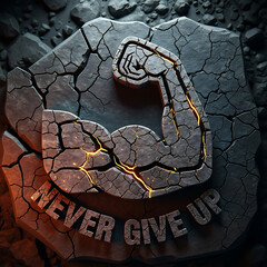 Never Give Up Text and Strong Arm Icon Carved in Cracked Dark Stone with Lava Glow