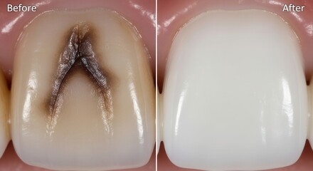 Fototapeta premium Split screen showing molar tooth with deep fissure caries and perfectly restored white tooth. Result of composite filling.