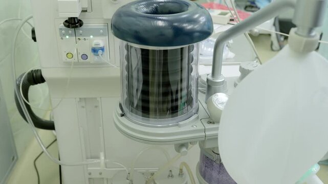 Russia Tomsk 05.07.2025: Sterile anesthesia apparatus closeup, Clinical anesthesia equipment in sterile surgical environment, Closeup of anesthetic apparatus functioning within sterile