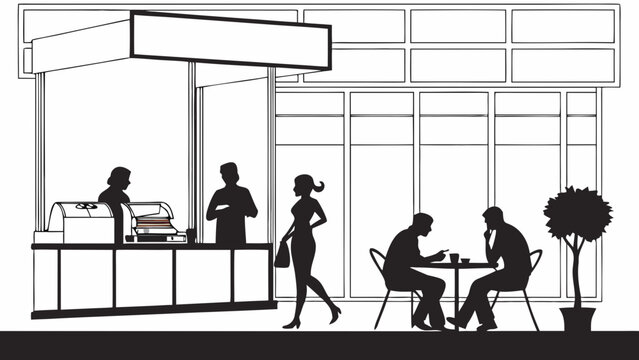 Black and white illustration of people sitting at a table outside a cafe