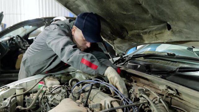 Skilled automotive technician checking electrical connections and troubleshooting intricate car engine wiring in modern repair workshop