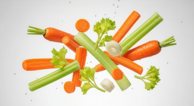 Fresh carrot and celery slices flying in air with water drops