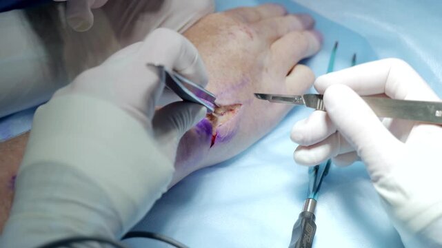 Russia Tomsk 05.07.2025: Caucasian hand suturing process, Surgeon performs delicate dorsal hand closure, Medical professional carefully sutures dorsal hand in sterile environment using fine