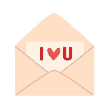 Open love letter illustration with paper note and I love u message, expressing romance and affection. For Valentine design, greeting cards, stickers, gift, prints and romantic branding. Flat vector.