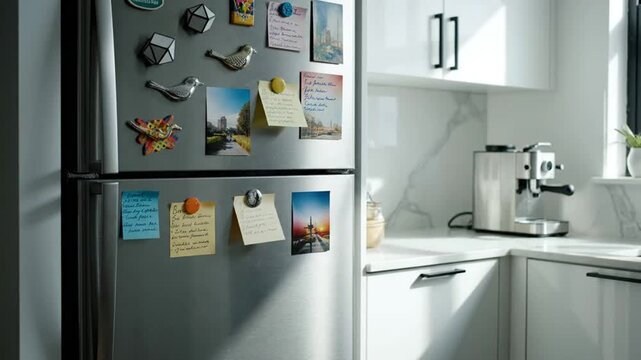 Modern Kitchen Interior Featuring Stainless Steel Refrigerator With Attached Mementos