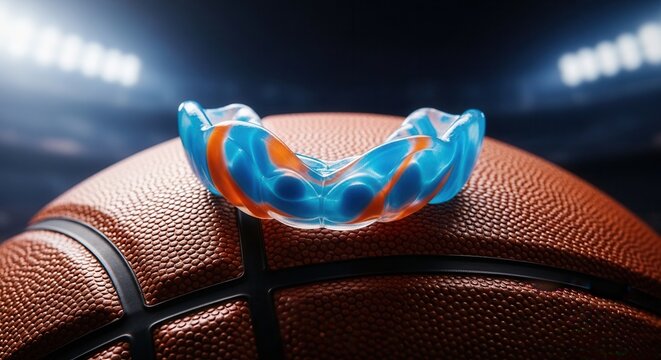Professional gumshield for teeth protection on textured leather ball. Concept of safety gear in basketball game arena.