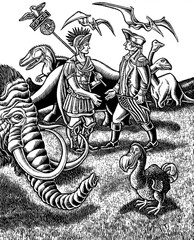 George Washington meets Julius Caesar in a surreal landscape of extinct animals © Lisa Haney