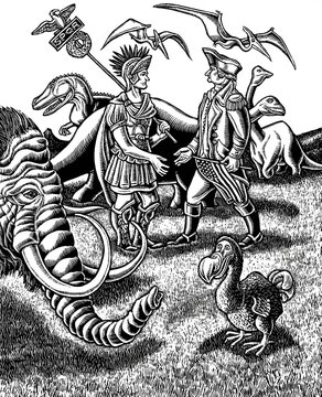 George Washington meets Julius Caesar in a surreal landscape of extinct animals