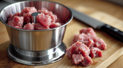 A meat grinder uses rapidly spinning blades to turn pork chunks into mince, making it easier to absorb flavors and prepare meatballs.