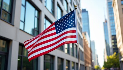 American flag displayed on building in urban city environment