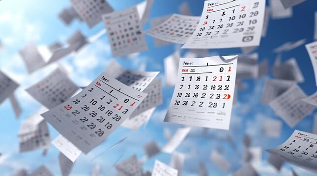 Calendar pages floating in mid-air, dates intentionally unreadable. Conceptual image representing time passing, deadlines, urgency, and the fleeting nature of schedules.
