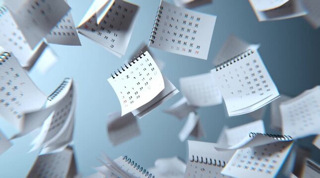 Calendar pages floating in mid-air, dates intentionally unreadable. Conceptual image representing time passing, deadlines, urgency, and the fleeting nature of schedules.
