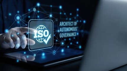 Fototapeta premium Business Professional Conducting ISO Certification Validation Using Interactive Digital Interface and Futuristic Network Graphics for Enhanced Compliance and Operational Efficiency