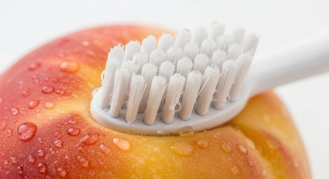 Concept of sensitive teeth care and bleeding gums protection. Macro view of brush touching delicate fruit skin metaphor.