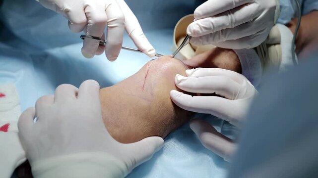 Russia Tomsk 05.07.2025: Surgeon expertly removes skin lesion, Precise surgical procedure involving incision and tissue management, Detailed operation highlighting sterile technique