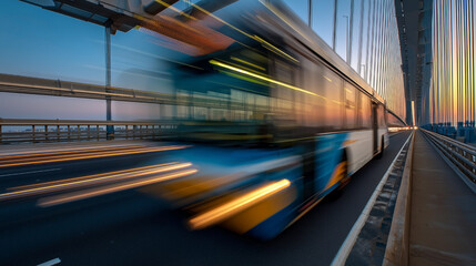 A bus is driving on a road with a bridge in the background
