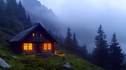 Obraz premium Cozy Cabin in the Mist: A quaint wooden cabin nestled amidst a misty mountain landscape, its warm inviting light casting a glow against the serene backdrop.