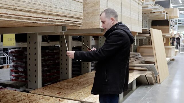 Customer using retractable tape measure and smartphone to check dimensions of oriented strand board in lumber aisle of large hardware store