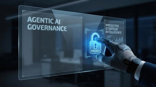 Robotic Hand Accessing Privacy Lock Icon on Transparent Digital Interface with Agentic AI Governance and Predictive Strategic Intelligence for Secure Data Optimization