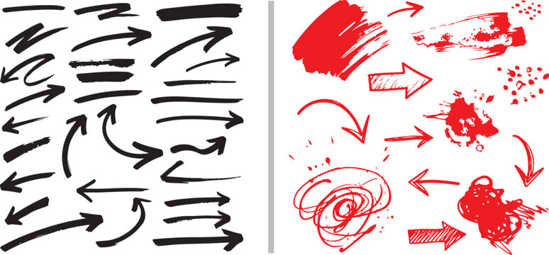 A dynamic set of hand-drawn vector elements featuring bold black ink arrows alongside vibrant red scribbles, expressive splatters, and organic sketch marks for a raw, energetic aesthetic.