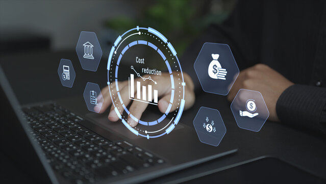 Digital cost reduction strategy with virtual icons for budgeting, analytics and optimization. Business professional controlling expenses and improving efficiency via an online platform.