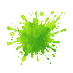 Vibrant green paint splatter on a transparent background with dynamic droplets