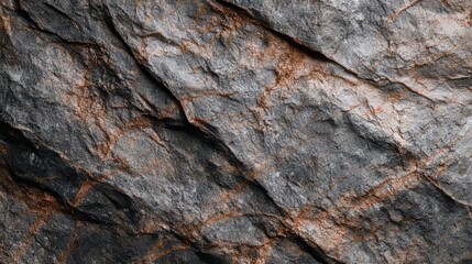 Close-up of rough, textured rock surface with dark gray base and orange/white veins running across