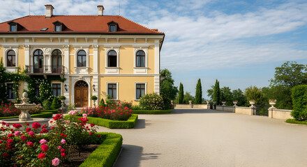 Obraz premium Luxurious mansion with beautifully manicured gardens and driveway.