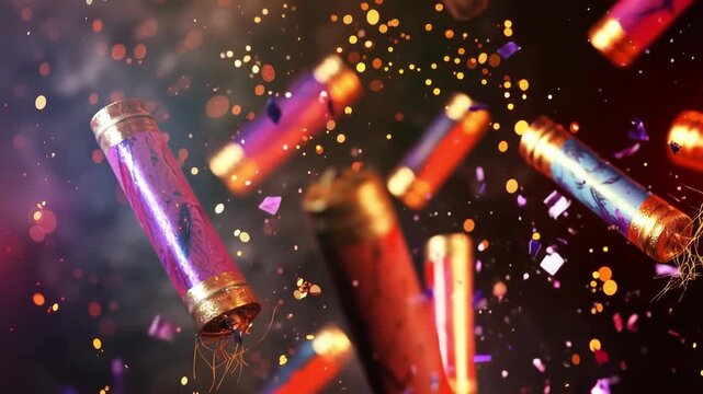 Dynamic explosion of colorful capsules with fragmentation and vibrant confetti in high speed motion