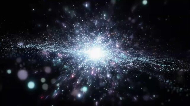 Swirling cosmic nebula explosion bright light center deep space particles glowing ethereal atmosphere