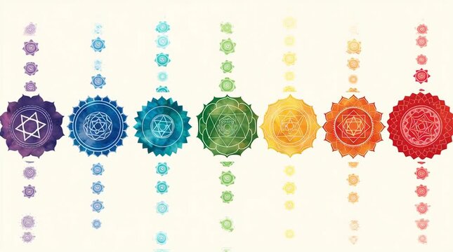 Seven glowing chakra symbols aligned vertically on dark background, radiant energy colors, balanced composition. Spiritual concept illustration without people, clean and symbolic.
